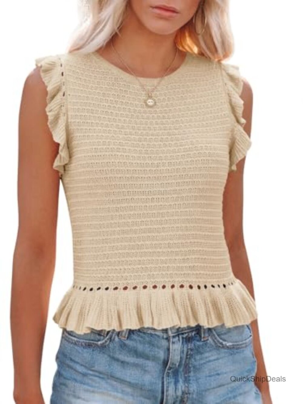 Women's Summer Knit Tank Top Crew Neck Sleeveless Ruffle Cropped Cami